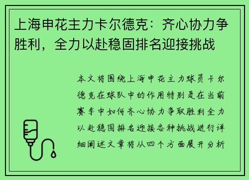 上海申花主力卡尔德克：齐心协力争胜利，全力以赴稳固排名迎接挑战