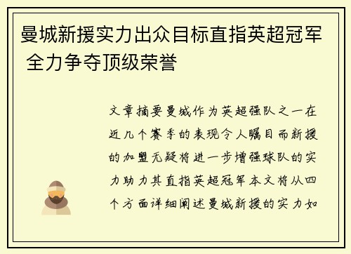 曼城新援实力出众目标直指英超冠军 全力争夺顶级荣誉