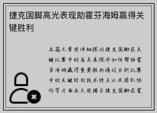 捷克国脚高光表现助霍芬海姆赢得关键胜利